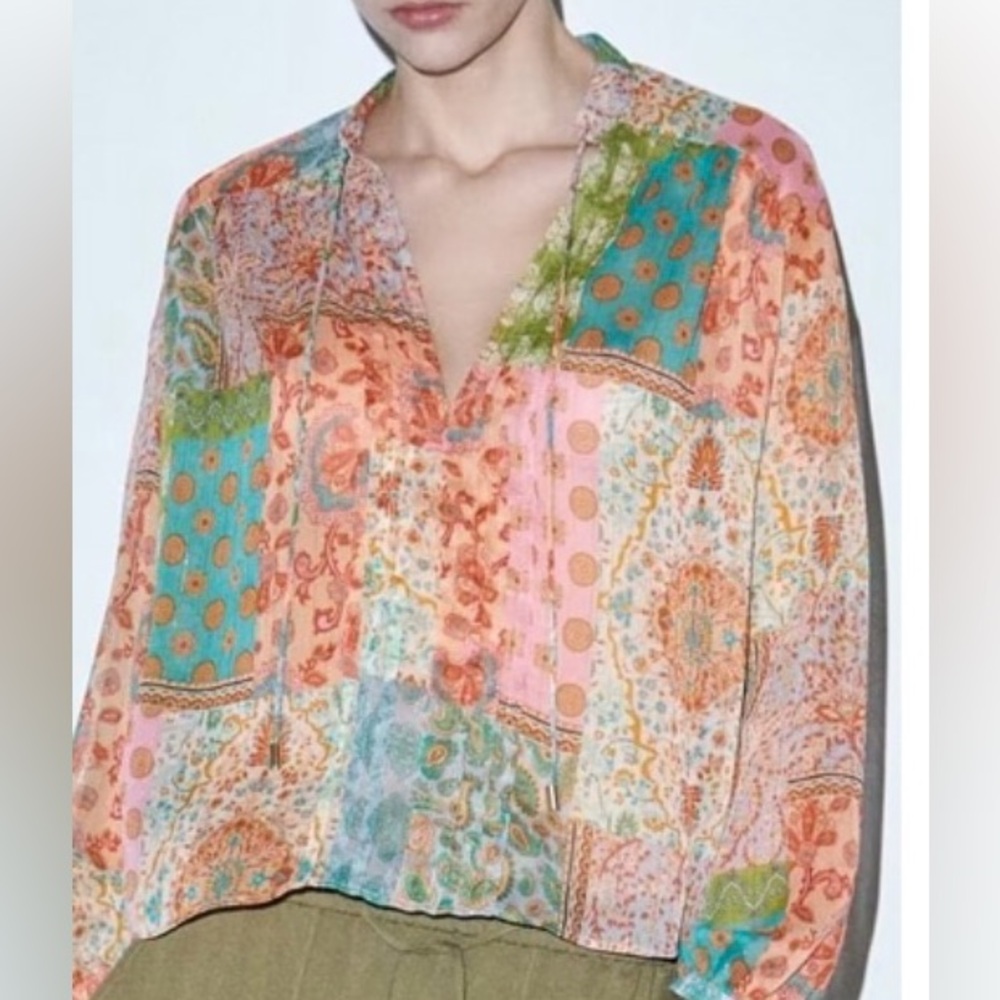 Zara Patchwork Blouse Sheer Long Sleeve Boho Large